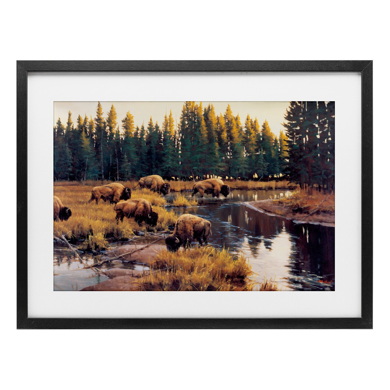 Stupell Industries Grazing Bison Along Riverbank Framed Print Under Glass, design by Paco Young